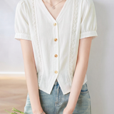 Casual Hollow Out Lace Trim V-Neck Short Sleeve Shirt