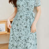 Elegant Floral Polka Dot Tie Waist Dress