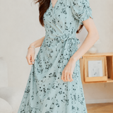 Elegant Floral Polka Dot Tie Waist Dress