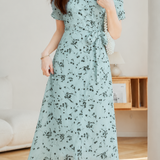 Elegant Floral Polka Dot Tie Waist Dress