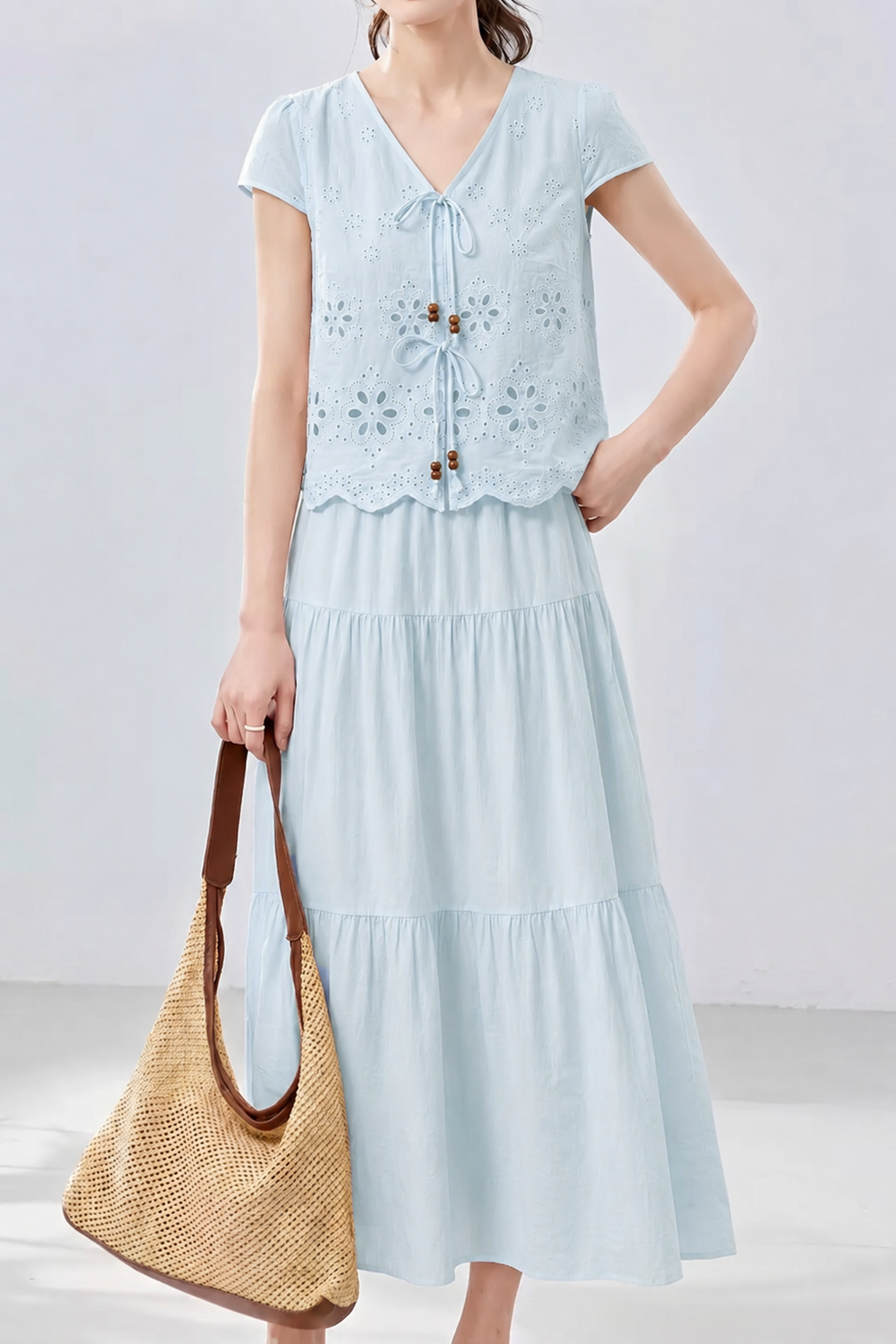 Casual Hollow Out Tie Fake Two-Piece Dress
