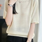 Casual Hollow Out Trim Ribbed Knit Sweater