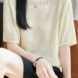 Casual Hollow Out Trim Ribbed Knit Sweater