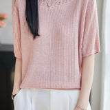 Casual Hollow Out Trim Ribbed Knit Sweater