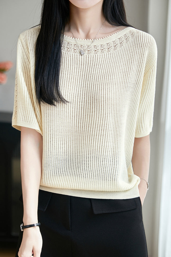 Casual Hollow Out Trim Ribbed Knit Sweater