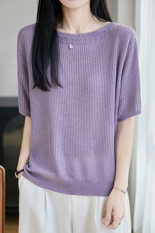 Casual Hollow Out Trim Ribbed Knit Sweater
