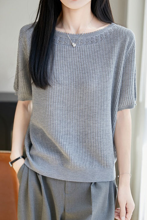 Casual Hollow Out Trim Ribbed Knit Sweater