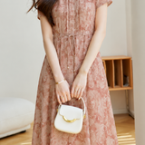 Casual Floral Accordion Pleat Waist Tie Dress