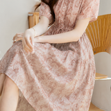 Casual Floral Accordion Pleat Waist Tie Dress