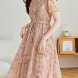 Casual Floral Accordion Pleat Waist Tie Dress