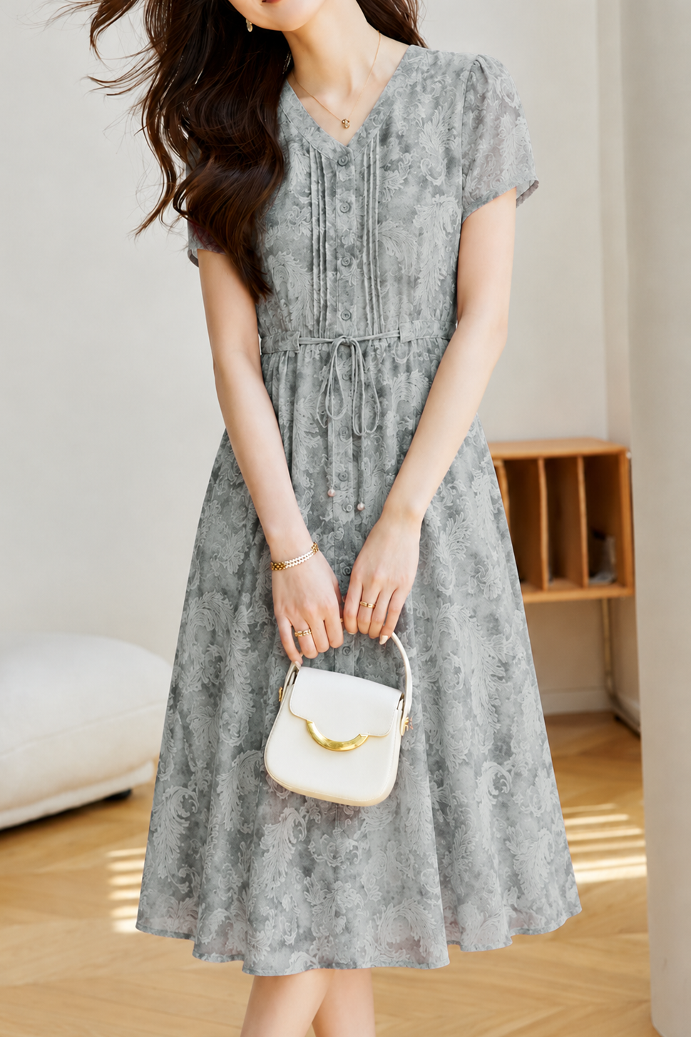 Casual Floral Accordion Pleat Waist Tie Dress