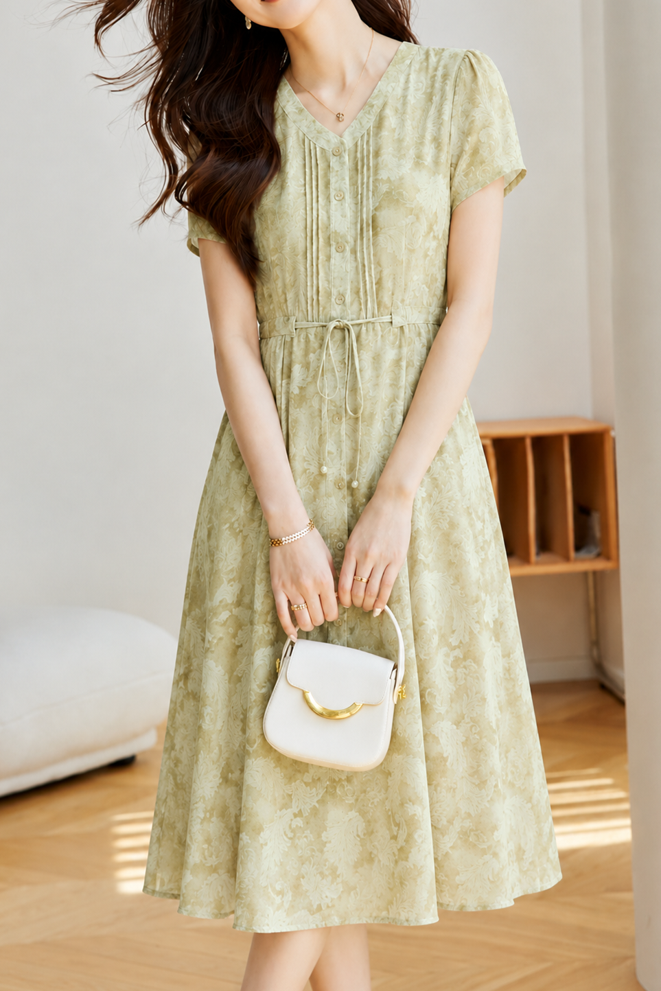 Casual Floral Accordion Pleat Waist Tie Dress