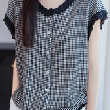 Casual Houndstooth Ruffle Short Sleeve Blouse