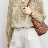 Vintage Printed Pleated Tie Blouse