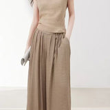 Casual Knit Top With Tie Detail Linen-Cotton Pants Set