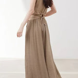 Casual Knit Top With Tie Detail Linen-Cotton Pants Set
