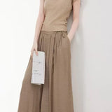 Casual Knit Top With Tie Detail Linen-Cotton Pants Set