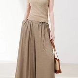 Casual Knit Top With Tie Detail Linen-Cotton Pants Set