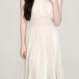 Elegant Commuter Stand Collar Sleeveless Tiered Pleated Dress