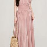 Elegant Commuter Stand Collar Sleeveless Tiered Pleated Dress