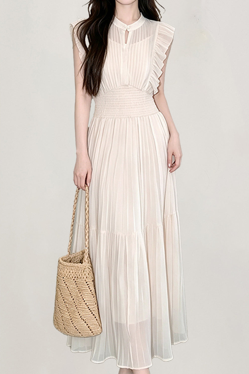Elegant Commuter Stand Collar Sleeveless Tiered Pleated Dress