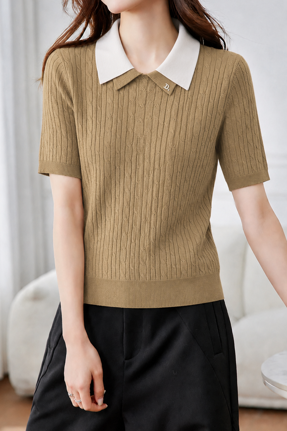Elegant Commuter Cable Textured Contrast Collar Polo Shirt