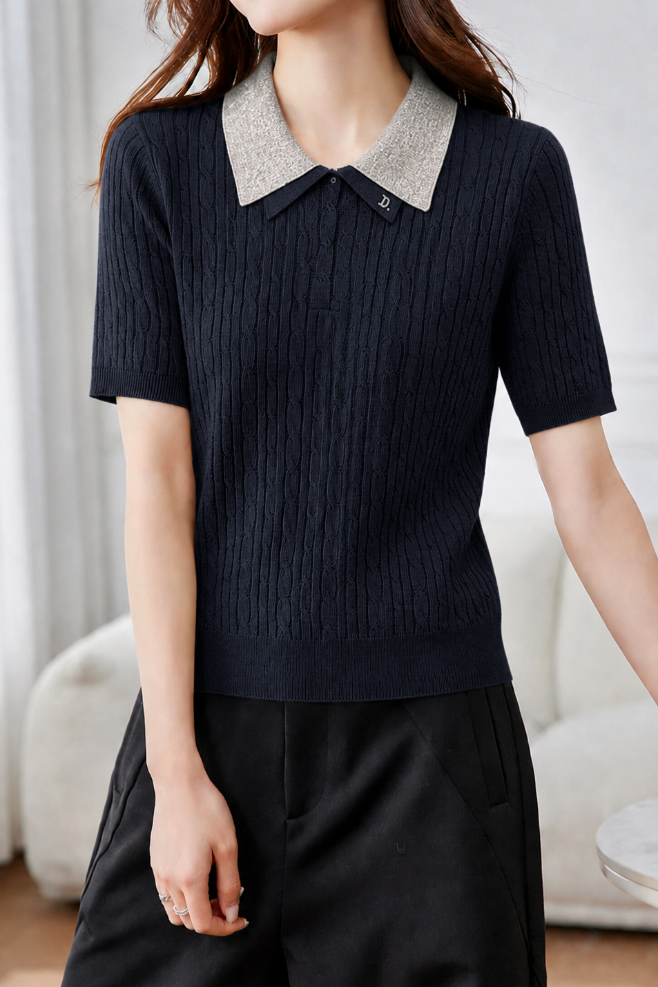 Elegant Commuter Cable Textured Contrast Collar Polo Shirt