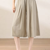 Casual Elastic Waist Pleated Cropped Wide Leg Pants