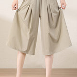 Casual Elastic Waist Pleated Cropped Wide Leg Pants