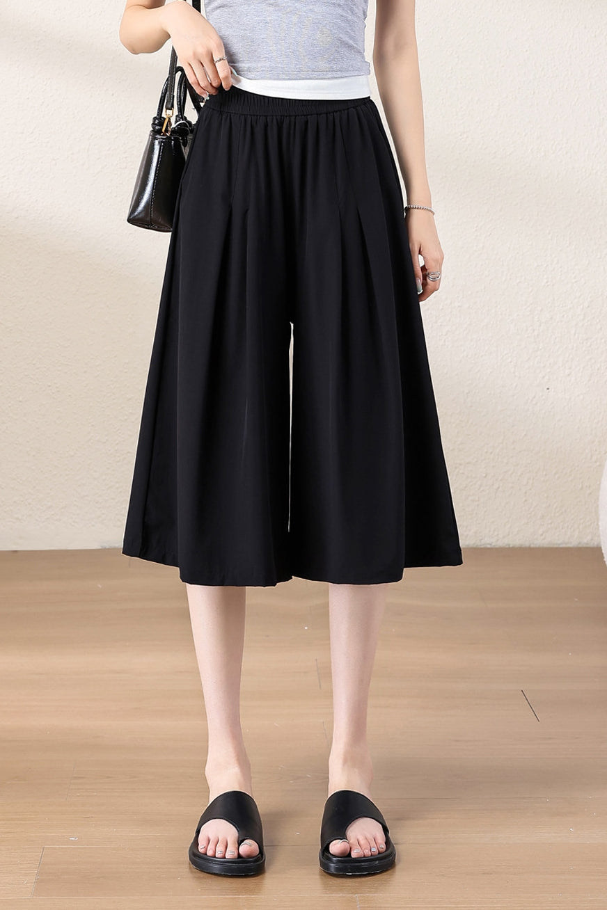 Casual Elastic Waist Pleated Cropped Wide Leg Pants