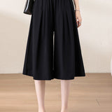 Casual Elastic Waist Pleated Cropped Wide Leg Pants