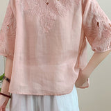 Casual Ramie Embroidered Short Sleeve Shirt