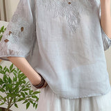 Casual Ramie Embroidered Short Sleeve Shirt