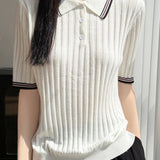 Elegant Color Block Polo Neck Short Sleeve Knit Top