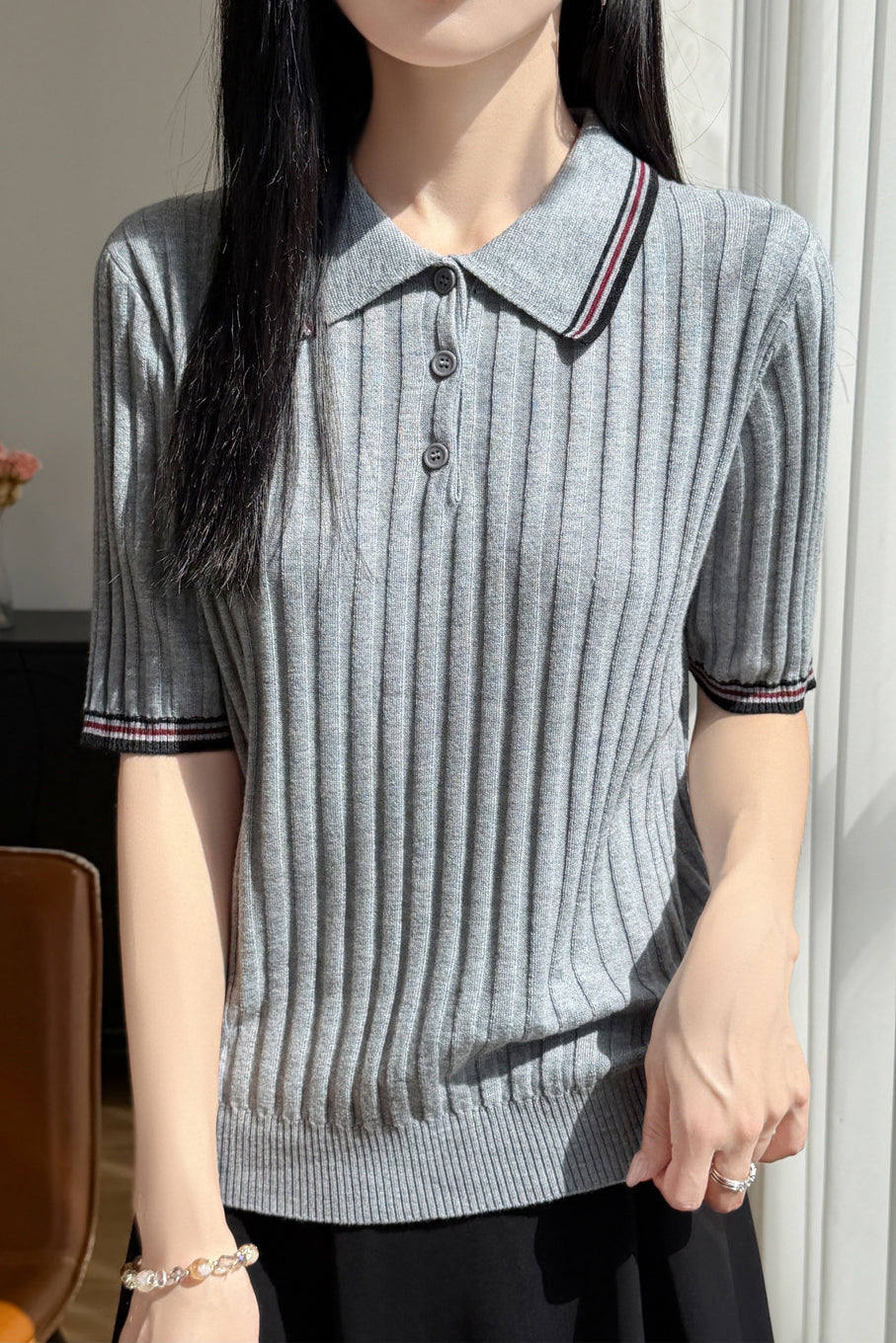 Elegant Color Block Polo Neck Short Sleeve Knit Top