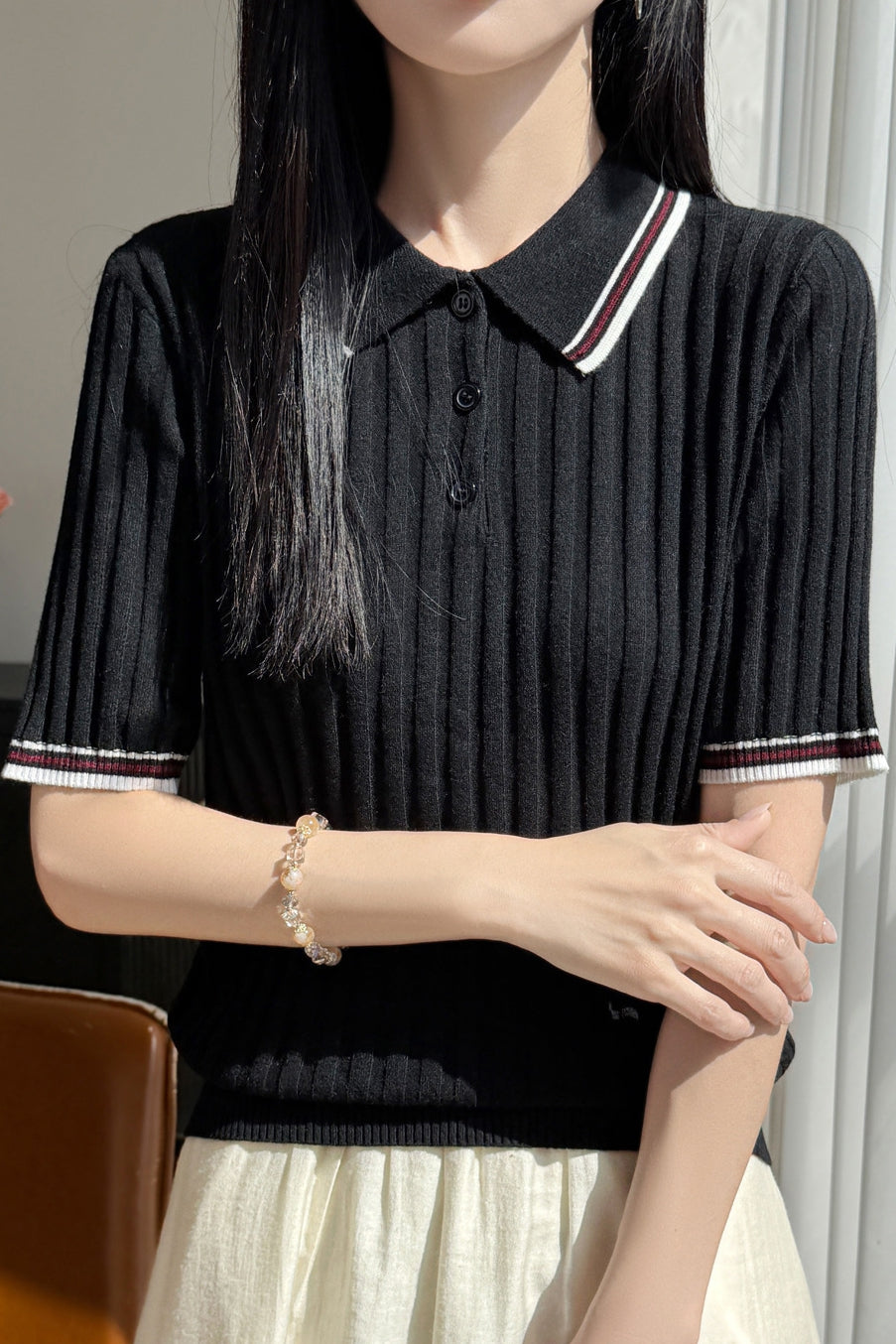 Elegant Color Block Polo Neck Short Sleeve Knit Top