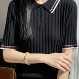 Elegant Color Block Polo Neck Short Sleeve Knit Top
