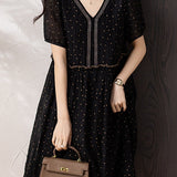Elegant Polka Dot Pleated V-Neck Dress