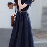 Elegant Round Neck Waist Cinched Denim Dress