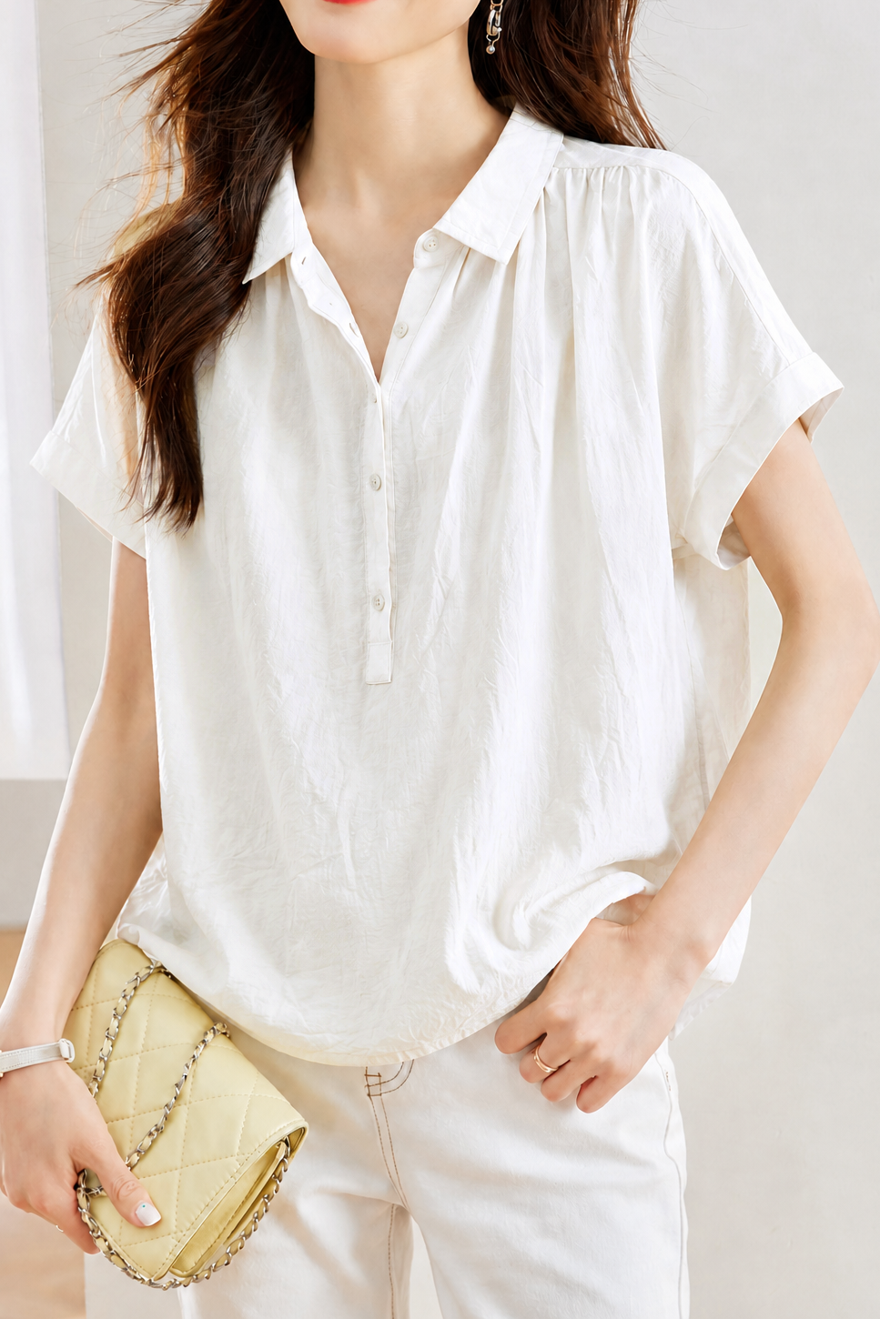 Casual Crinkled Texture Half Placket Blouse