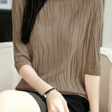 Casual Floral Embossed Vertical Stripe Crew Neck Knit Top