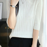 Casual Floral Embossed Vertical Stripe Crew Neck Knit Top