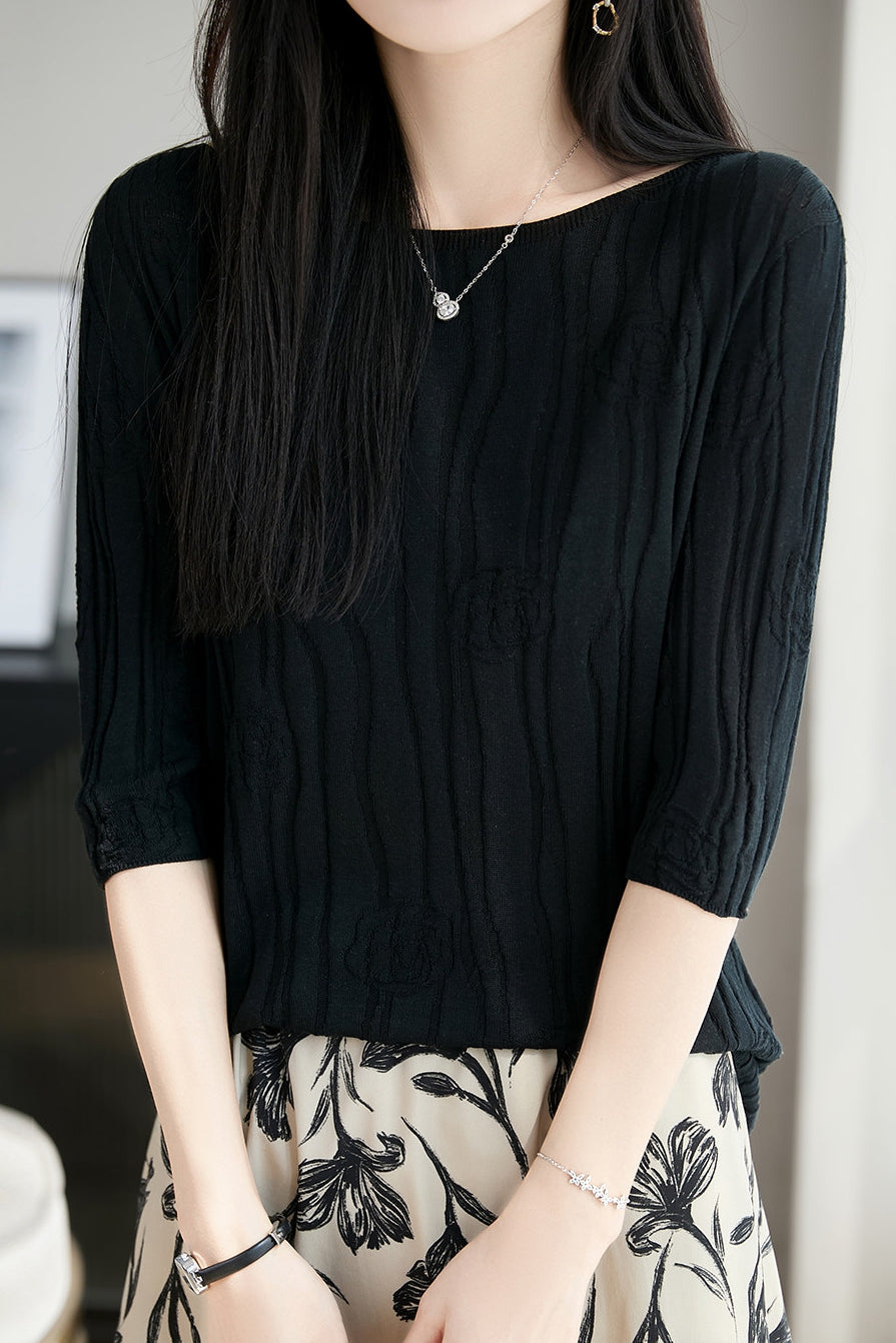 Casual Floral Embossed Vertical Stripe Crew Neck Knit Top