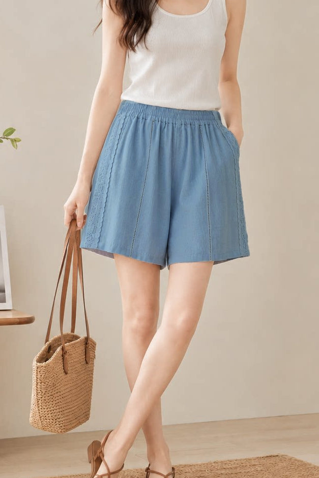 Casual Elastic Waist Hollow-out Lace Straight Shorts