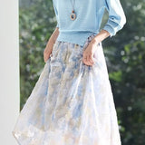 Elegant Batwing Sleeve Knit Top With Printed Skirt Set