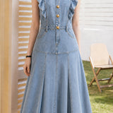 French Commuter Denim Ruffled Tank Dress