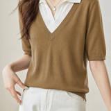 Casual Fake Two-Piece Lapel Mid-Sleeve Knit Top