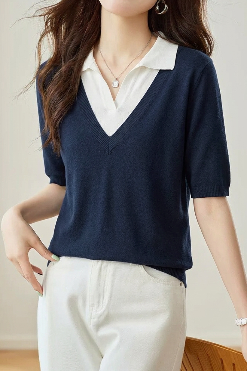 Casual Fake Two-Piece Lapel Mid-Sleeve Knit Top
