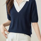 Casual Fake Two-Piece Lapel Mid-Sleeve Knit Top