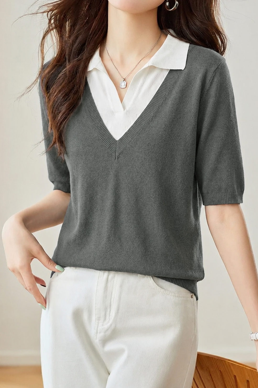 Casual Fake Two-Piece Lapel Mid-Sleeve Knit Top